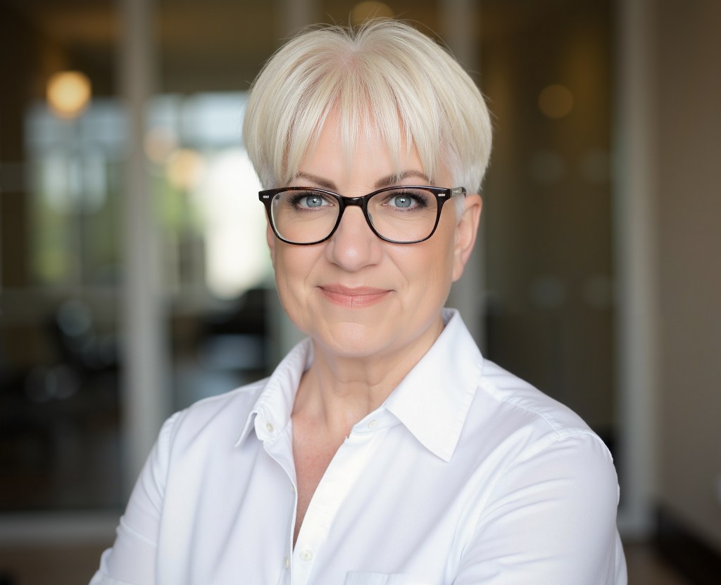 A person with short light hair and glasses wearing a white collared shirt, standing in a modern indoor setting with glass walls and soft, blurred lights in the background.