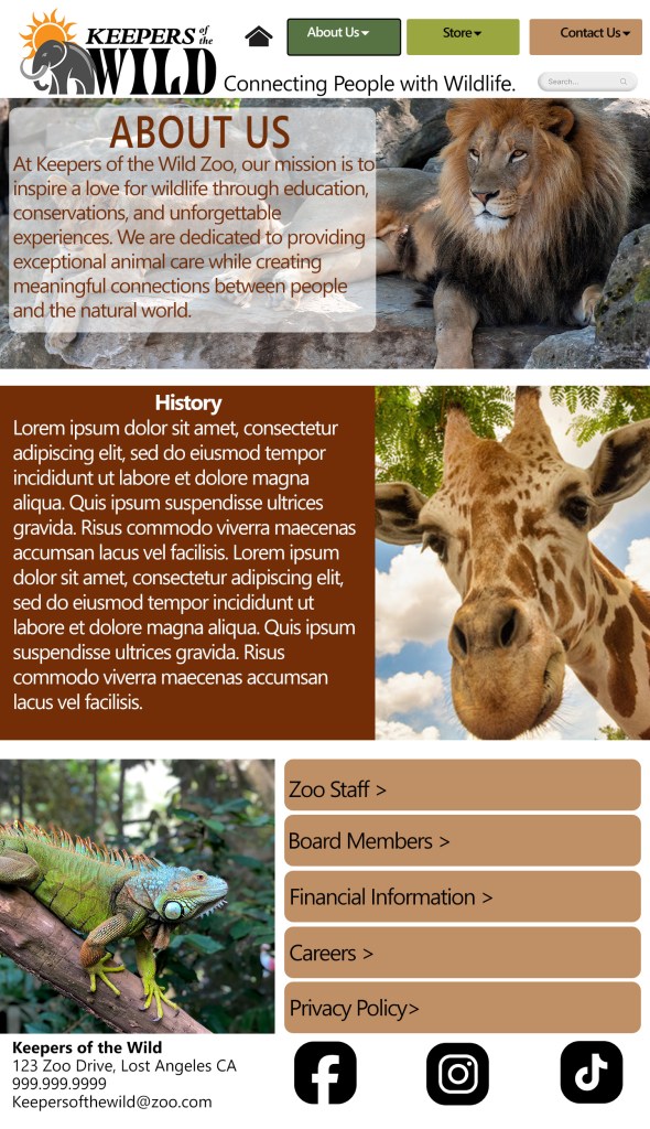 Keepers of the Wild contact page featuring navigation menus, contact information, a photo of a child holding a parrot, a contact request form with name, email, phone, and message fields, and social media icons for Facebook, Instagram, and TikTok
