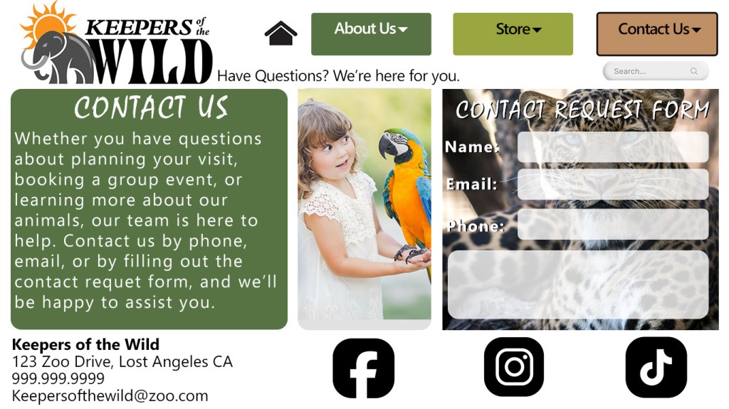 Keepers of the Wild contact page featuring the wildlife park logo, navigation menu, contact information panel, a photo of a child holding a blue-and-yellow macaw, and a contact request form over a large cat background image. The page includes fields for name, email, phone number, and message, plus Facebook, Instagram, and TikTok icons at the bottom.