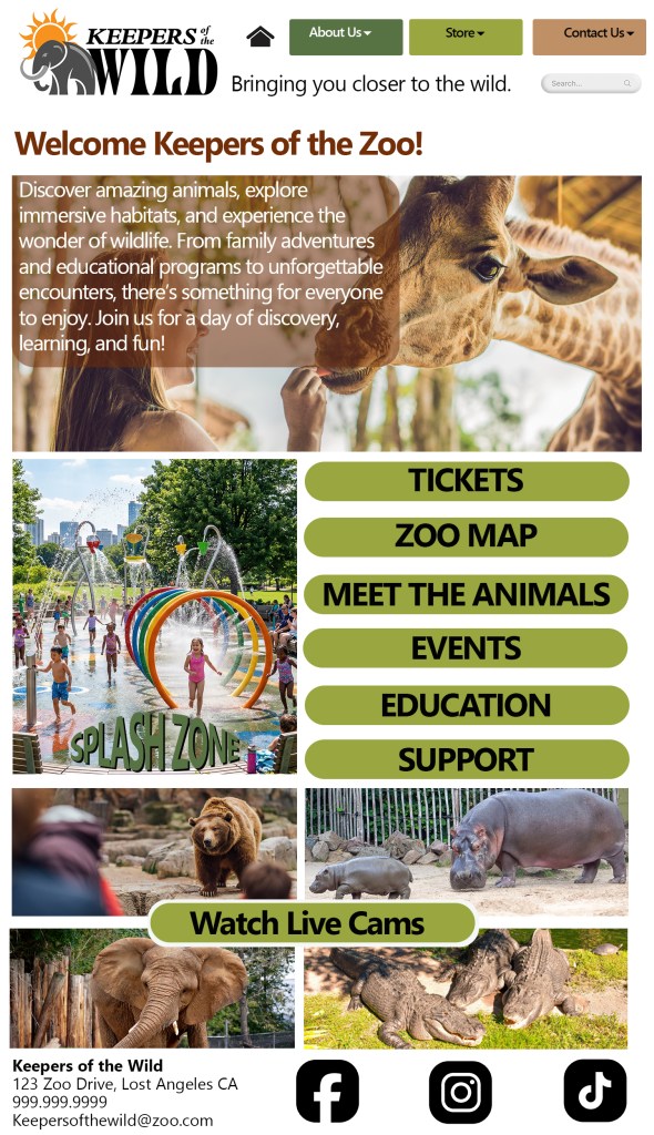 A colorful zoo website homepage featuring a large photo of a person feeding a giraffe, bright navigation buttons, animal photos, and sections for tickets, events, education, and live cams.