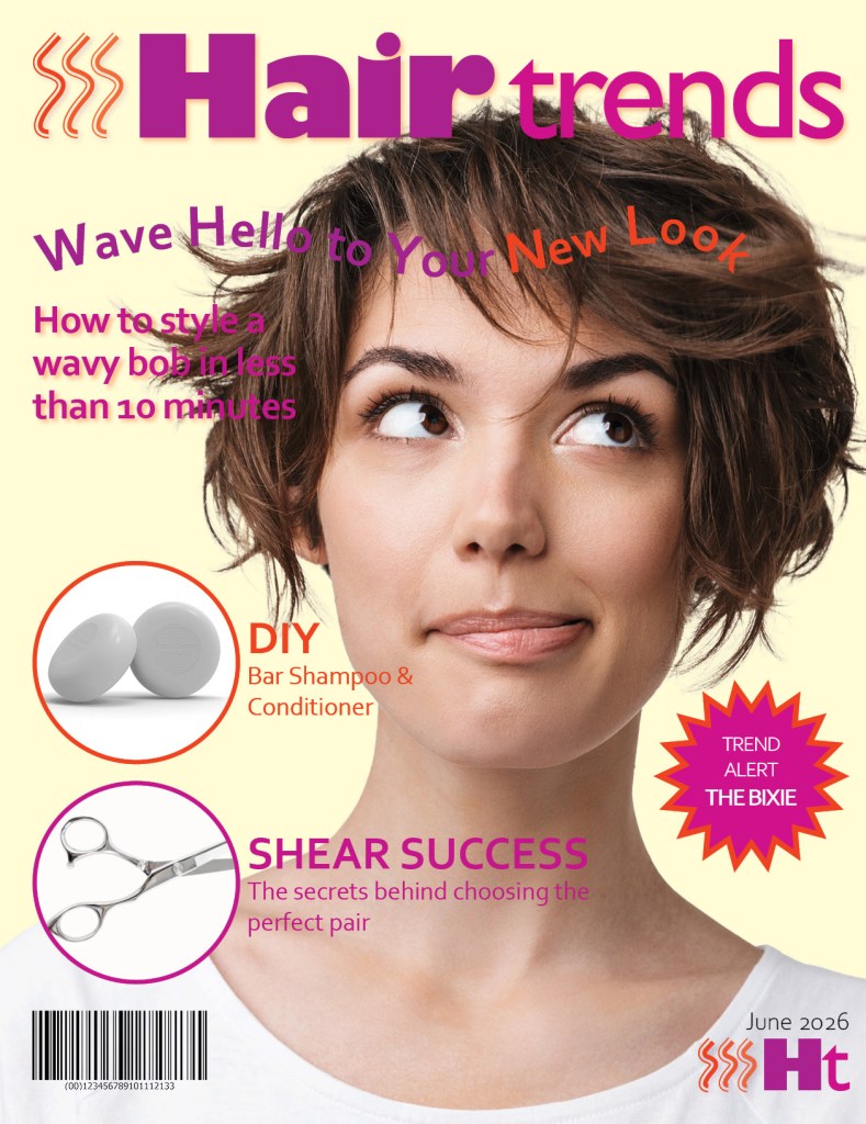 magazine cover titled “Hair Trends” featuring a person with short, wavy brown hair looking upward against a light yellow background. Bright, colorful text highlights articles about styling a wavy bob, DIY shampoo bars, choosing haircutting shears, and a trend alert for the bixie haircut. Small circular images show two shampoo bars and a pair of scissors, with a barcode in the bottom left corner.