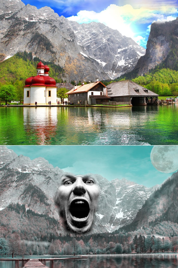 A lakeside chapel and buildings reflected in calm water beneath tall mountains, paired with a surreal version showing cooler colors, a large human face blended into the mountains, and a moon in the sky.