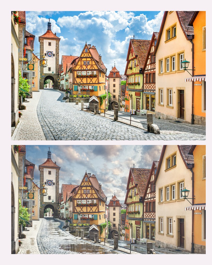 Two photos of the same medieval street in Europe. One in bright daylight with colorful buildings, and one on an overcast day with wet cobblestones reflecting the light.