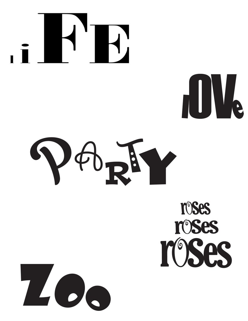 A set of words displayed in different fonts, sizes, and letter arrangements to show varied typographic styles.