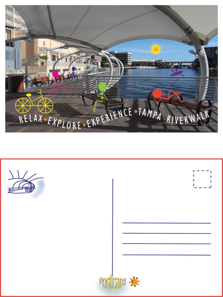 A postcard showing the Tampa Riverwalk with canopy structures, water views, and colorful stick‑figure illustrations, plus a simple line‑art layout on the back.