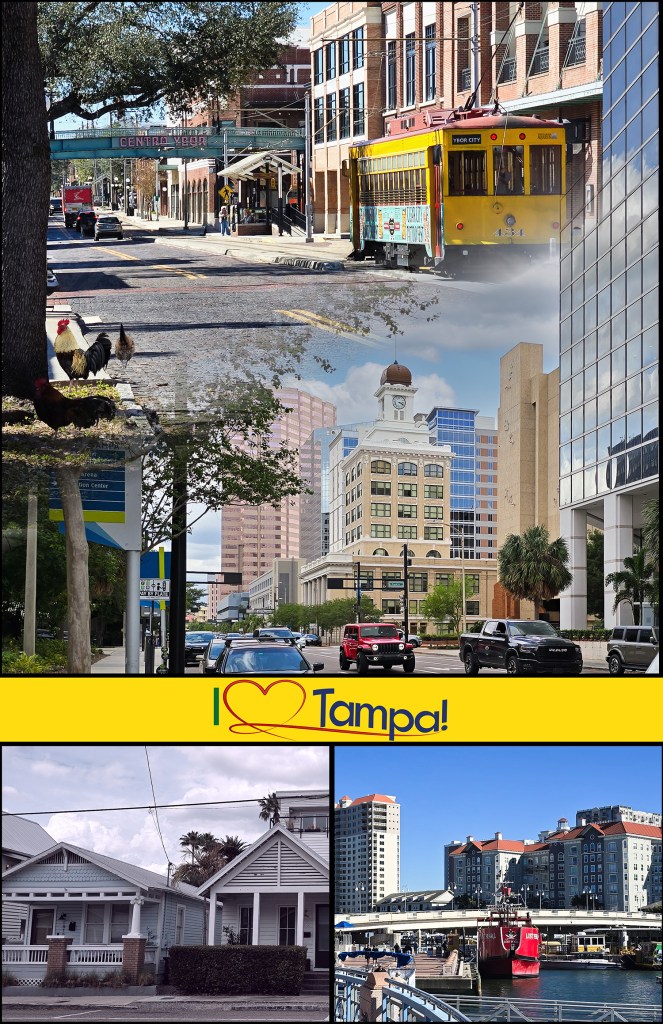 Poster of the historic city of Ybor blending into modern downtown Tampa.